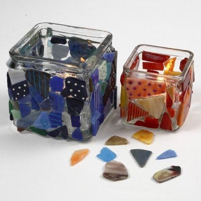 Mosaic on Candle Holders decorated with Glass & Porcelain Markers