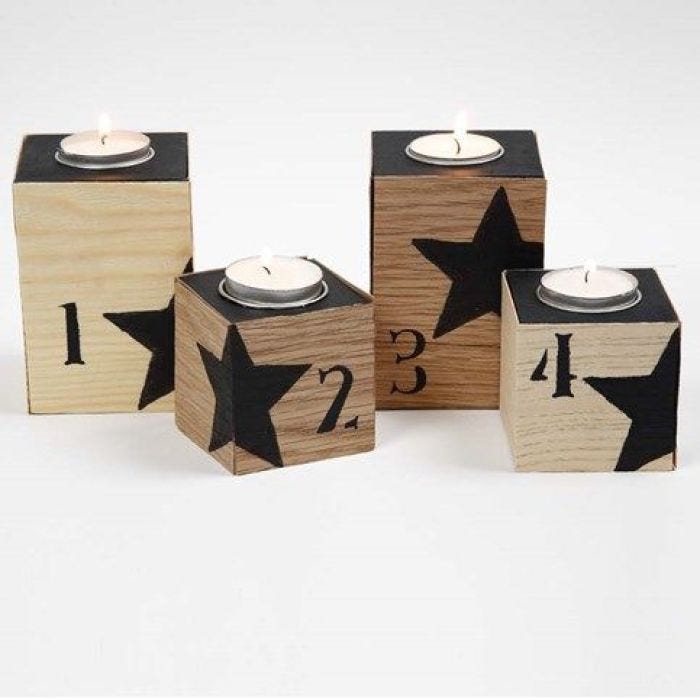 Candle Holder with Wood Veneer, black Numbers and Stars