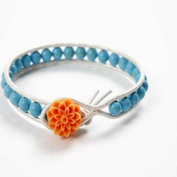 A Leather Bracelet with Stone Beads on a Fishing Line Nylon Cord