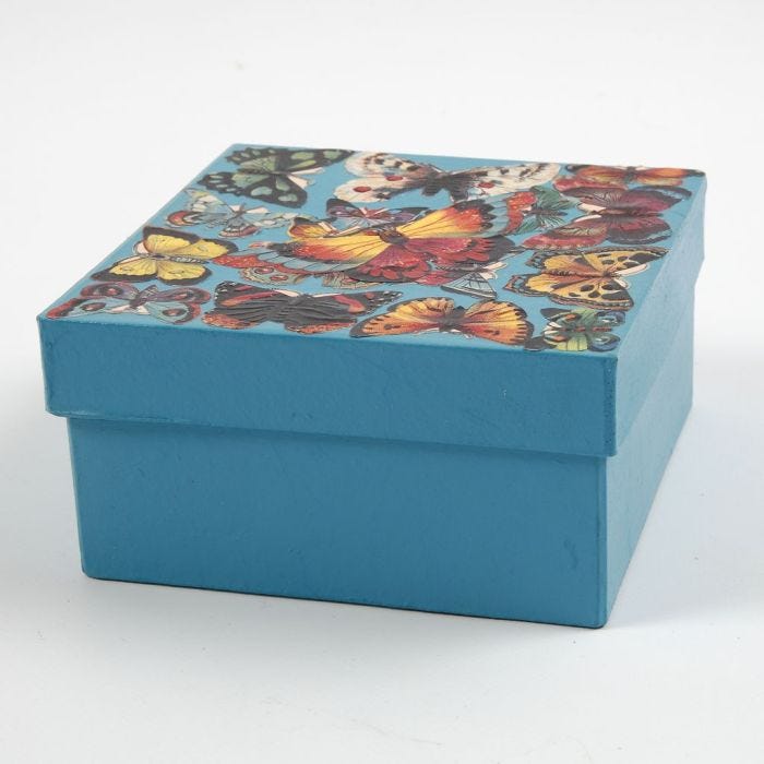 A painted Papier-Mâché Box with Vintage Die-Cuts on the Lid