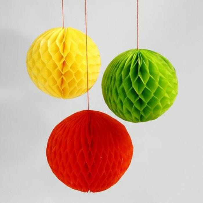 Baubles made from coloured Honeycomb Paper