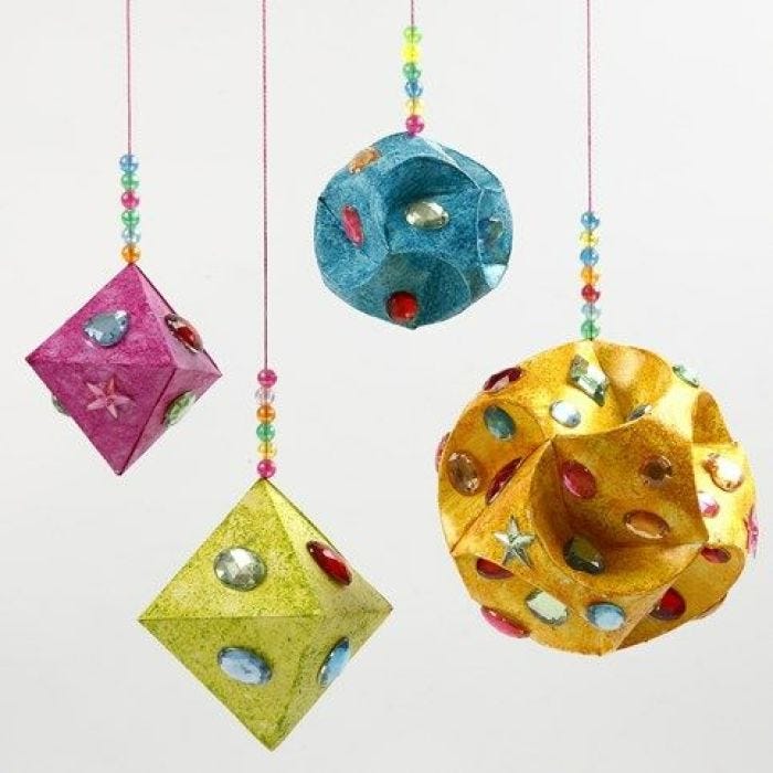Rhinestones and Glitter Paint on Paper Prisms and Paper Baubles