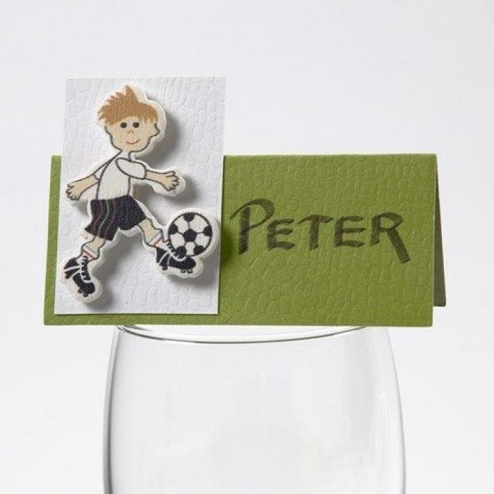 A Footballer Wood Veneer Sticker on a Happy Moments Place Card