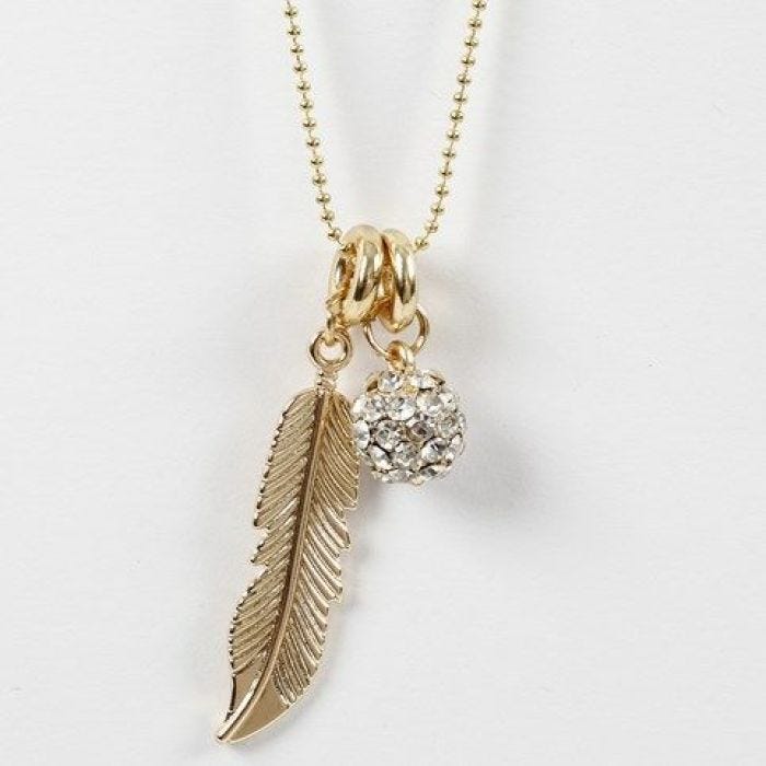 A Bead Chain Necklace with a Metal Feather and a Rhinestone Bead