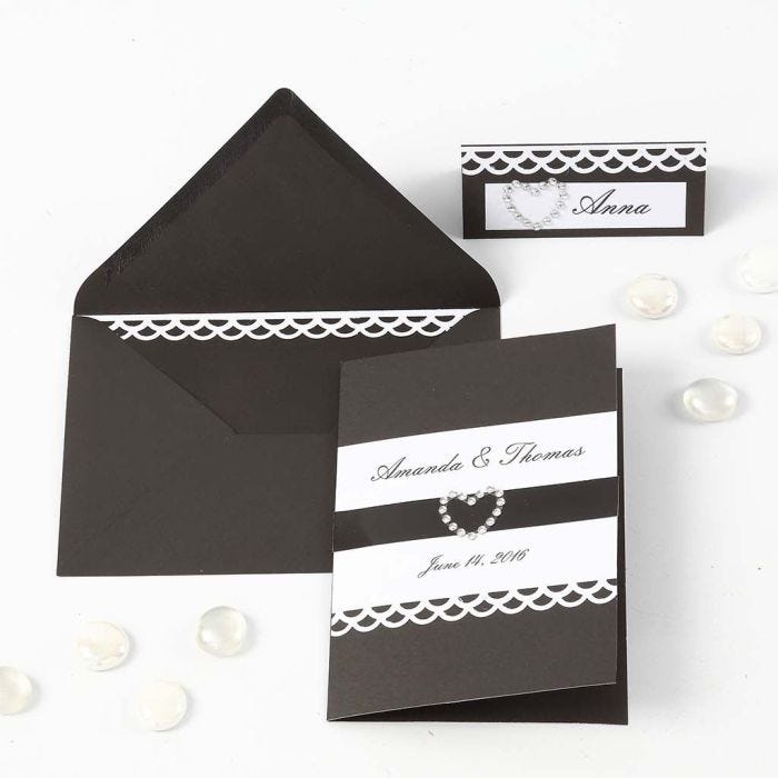 A black Invitation and Place Card  with white Paper Lace Border