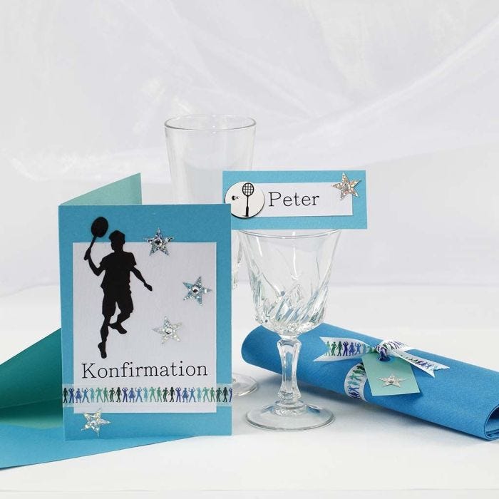 A turquoise Invitation and Table Decorations for a Confirmation Party