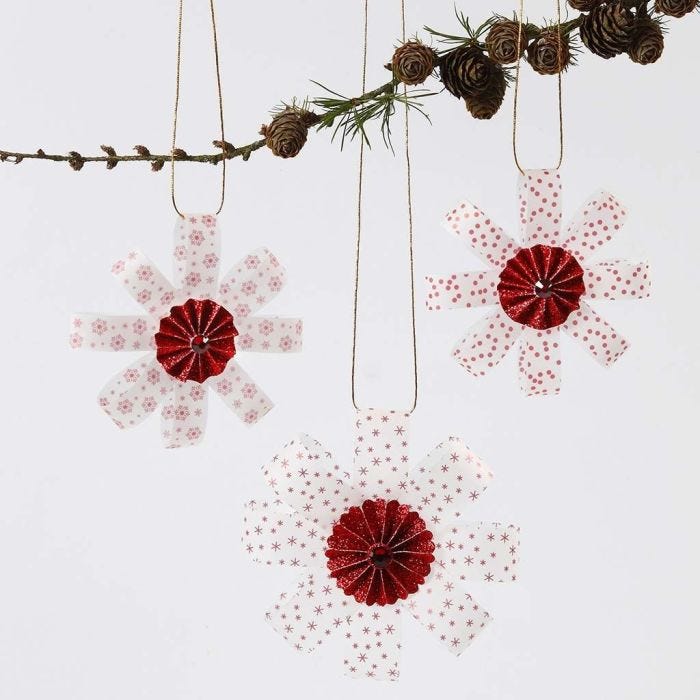 Hanging Decorations from Vellum Paper Star Strips decorated with a Rosette in the Middle and Glitter