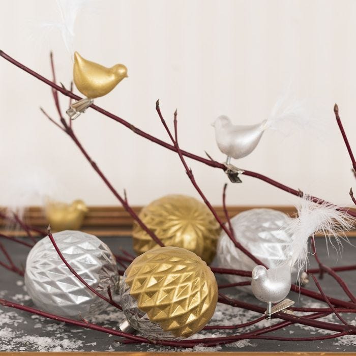 Glass Baubles and Glass Birds decorated with Glas Color Ceramic Paint and Down