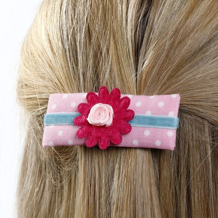 A Barrette made from Card decorated with Fabric, Ribbon and Fabric Flowers