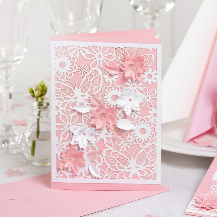 An Invitation with Lace patterned Card and punched-out Flowers with a 3D Effect