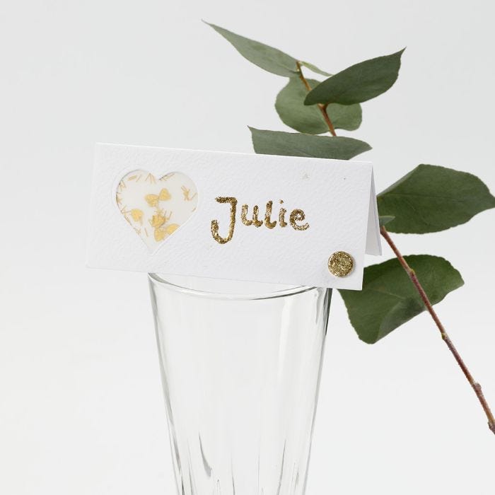 A Place Card decorated with a Vellum Paper Heart, Glitter, Deco Foil and Rhinestones