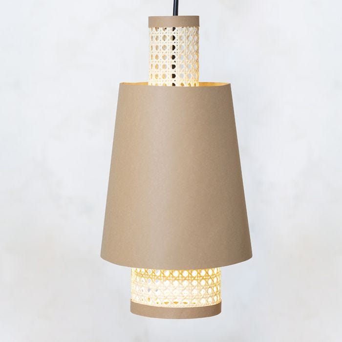 Make your own lamp shade from faux leather paper and rattan