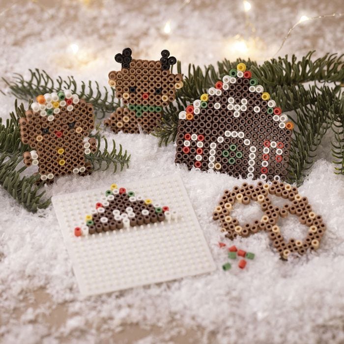 Reindeer, gingerbread house, cake man and pretzel, all made with BioBeads