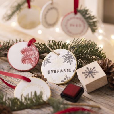 Self-hardening stamped clay Christmas decorations
