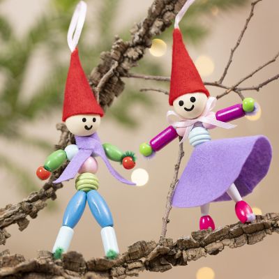 Pair of elves made of wooden beads and felt