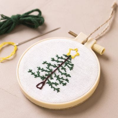 Embroidery frame with embroidered Cbristmas tree