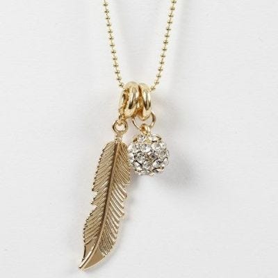 A Bead Chain Necklace with a Metal Feather and a Rhinestone Bead