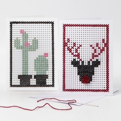 Embroidered Greeting Cards with a Cactus and a Reindeer