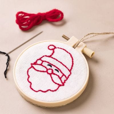 Embroidery frame with embroidered Santa Claus