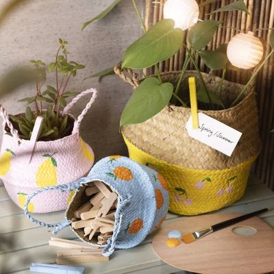 Basket in woven seagrass decorated with Plus Color paint