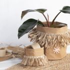 Faux leather paper storage bags with paper raffia tassels