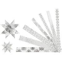 Paper star strips, L: 44+78 cm, W: 15+25 mm, D 6,5+11,5 cm, silver, white, 48 strips/ 1 pack