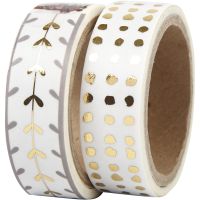 Washi Tape, hearts and dots - foil, W: 15 mm, gold, white, 2x4 m/ 1 pack