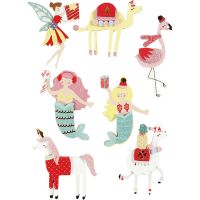 3D Stickers, flamingo, llama, mermaid, H: 50-60 mm, W: 30-45 mm, 7 pc/ 1 pack