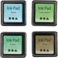 Ink Pad, H: 2 cm, size 3,5x3,5 cm, green, light green, olive, aqua, 4 pc/ 1 pack