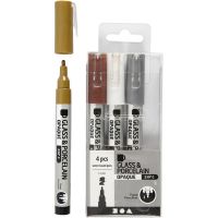 Glass & Porcelain Marker, line 1-2 mm, semi opaque, brown, gold, silver, white, 4 pc/ 1 pack