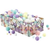Pompoms, D 15-40 mm, glitter, pastel colours, 400 g/ 1 pack