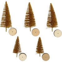 Christmas Spruce Trees, H: 40+60 mm, gold, 5 pc/ 1 pack