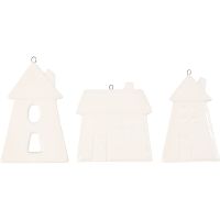 Hanging ornaments, houses, H: 7,6-9,7 cm, white, 3 pc/ 1 pack