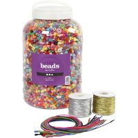 Bucket Containing Plastic Beads, Elastic Cord and Bracelets, size 6-20 mm, hole size 1,5-6 mm, assorted colours, 1 set