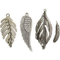 Feather, size 29-55 mm, hole size 12-20 mm, antique silver, 4 pc/ 1 pack