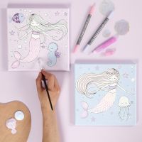 A Canvas with a Mermaid Design decorated with Markers and Glitter Glue