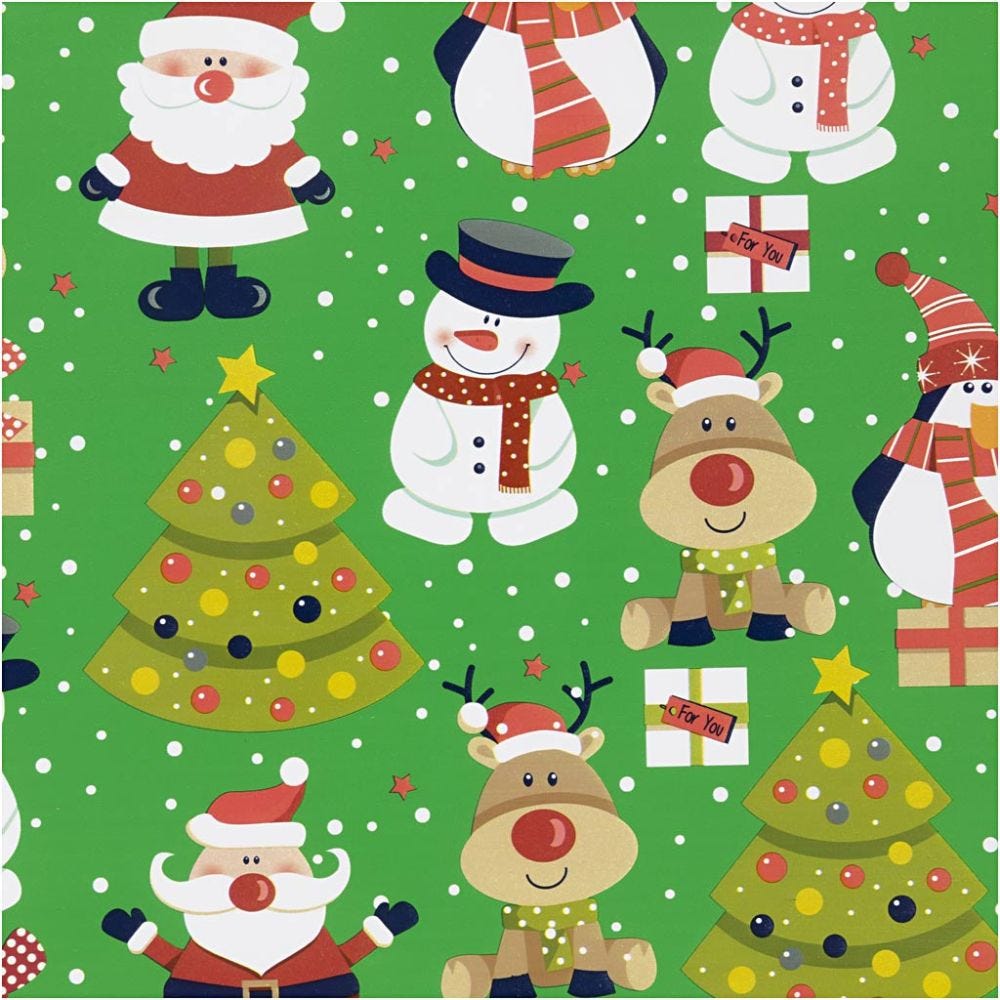 Gift wrap, Santa Claus, Christmas tree, Christmas present, reindeer, snowman and penguin, W: 50 cm, 80 g, green, 100 m/ 1 roll