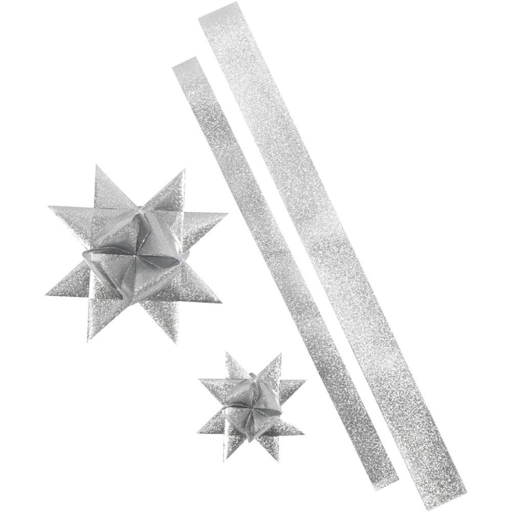 Star Strips, L: 86+100 cm, D 11,5+18,5 cm, W: 25+40 mm, glitter silver, 96 strips/ 1 pack