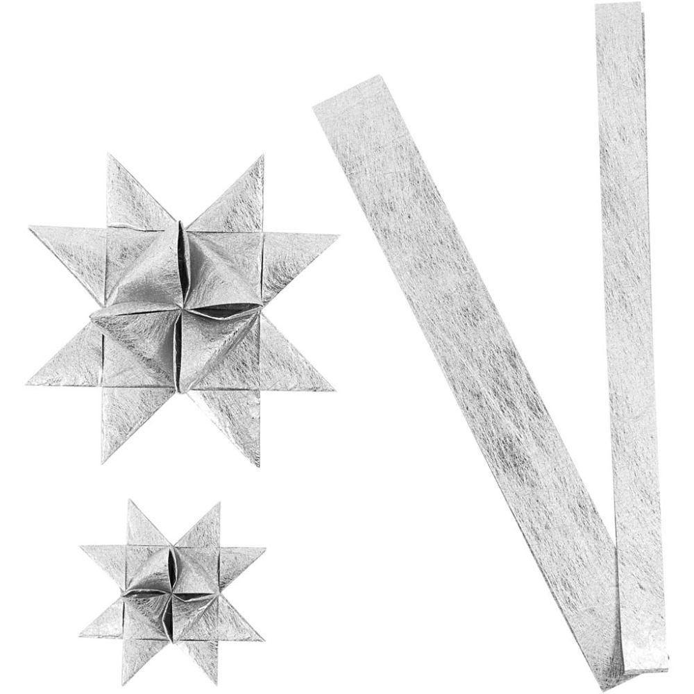 Paper star strips, L: 44+78 cm, D 6,5+11,5 cm, W: 15+25 mm, silver, 128 strips/ 1 pack