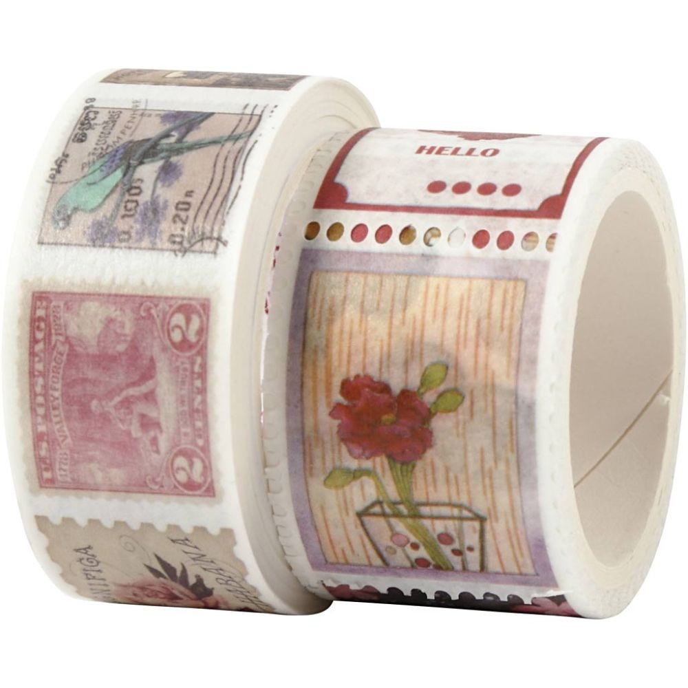 Washi Tape, Stamp and flower motive, L: 3+5 m, W: 20+25 mm, 2 roll/ 1 pack