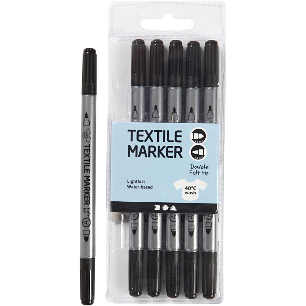 Textile markers, line 2,3+3,6 mm, black, 6 pc/ 1 pack