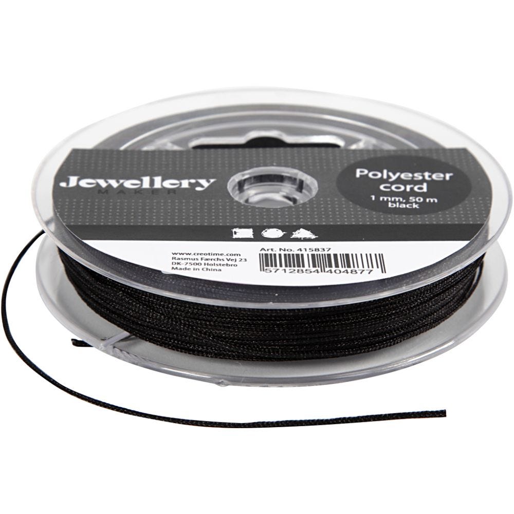 Polyester Cord, thickness 1 mm, black, 50 m/ 1 roll