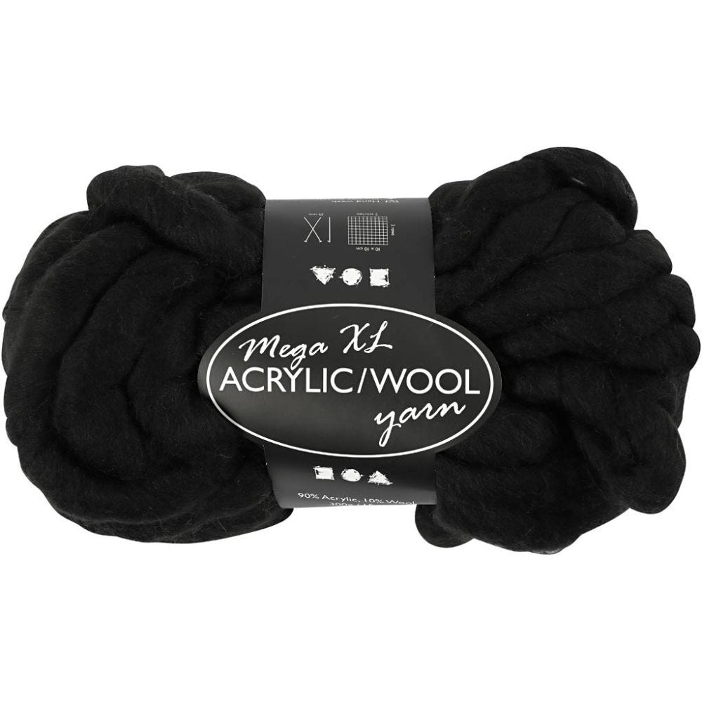Chunky yarn of acrylic/wool, L: 15 m, size mega , black, 300 g/ 1 ball
