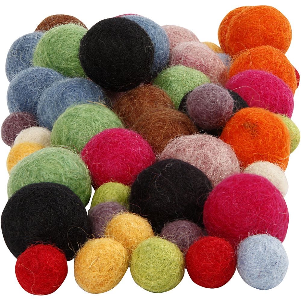 Felt balls, D 10+20 mm, assorted colours, 52 pc/ 1 pack