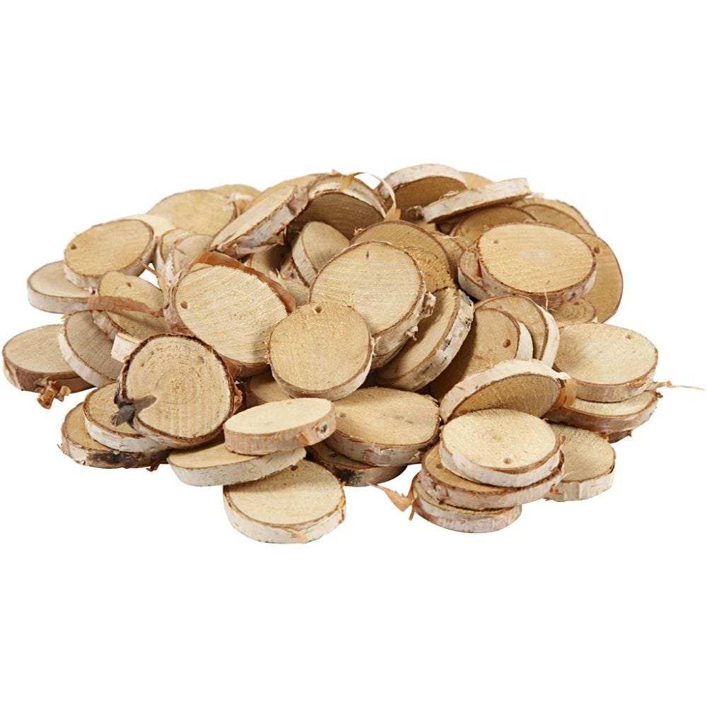 Wooden disc with hole, D 35-45 mm, hole size 4 mm, thickness 7 mm, 500 g/ 1 pack
