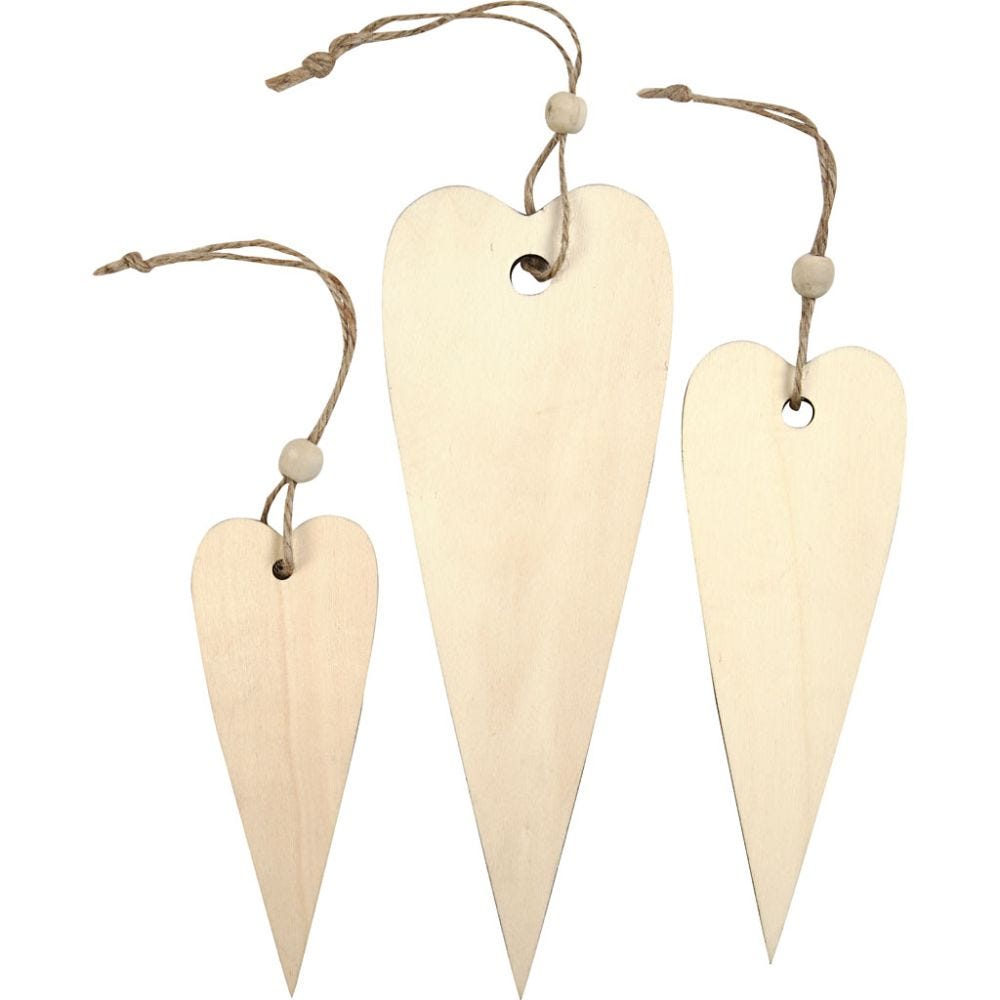 Wooden Ornament, long heart, H: 12+16+20 cm, thickness 5 mm, 3 pc/ 1 pack