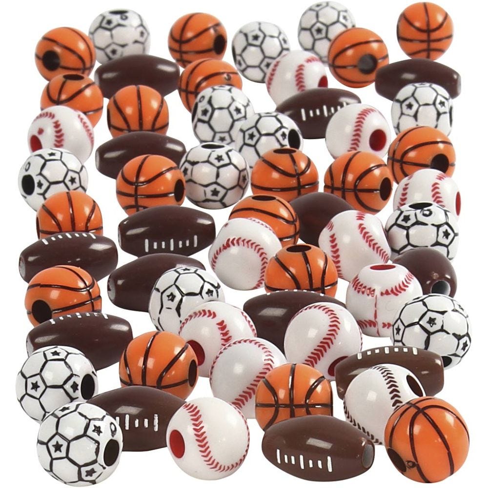 Sports Beads, size 11-15 mm, hole size 3-4 mm, assorted colours, 45 g/ 1 pack