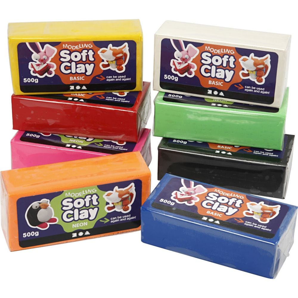 Soft Clay, size 13x6x4 cm, assorted colours, 8x500 g/ 1 pack