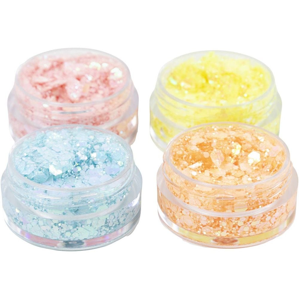 Glitter Clay, pastel blue, pastel orange, pastel pink, pastel yellow, 4x5 ml/ 1 pack