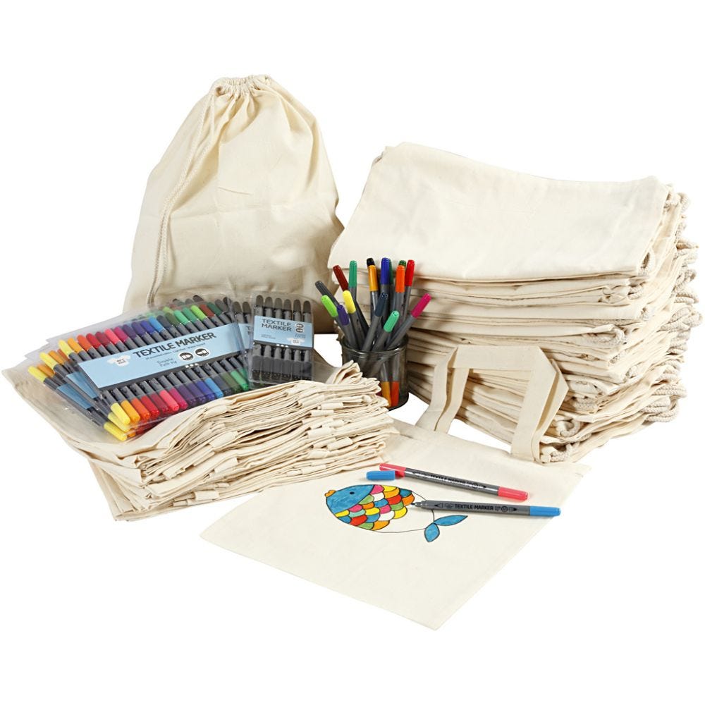 Drawstring and shopping bags with marker, size 27,5x30 cm, assorted colours, 1 set